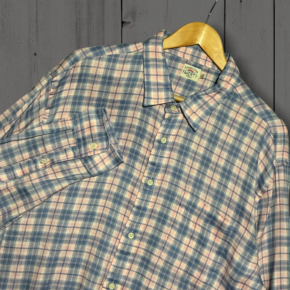Faherty Linen Tencel Plaid Long‎ Sleeve Button Down Shirt Mens XXL Blue Pink